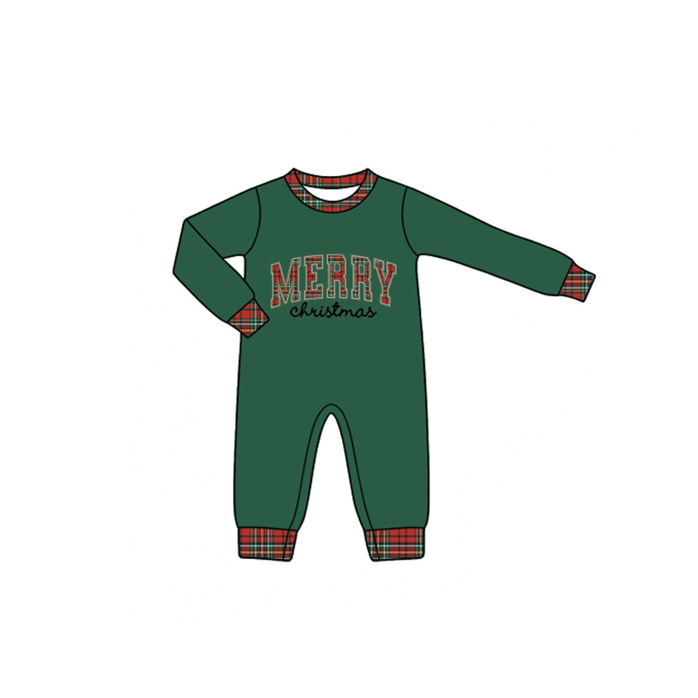 (Preorder new) No moq Baby Merry Christmas Letter Print Kids Outfit Dark Green Top Red Plaid Pants Matching Zipper Romper