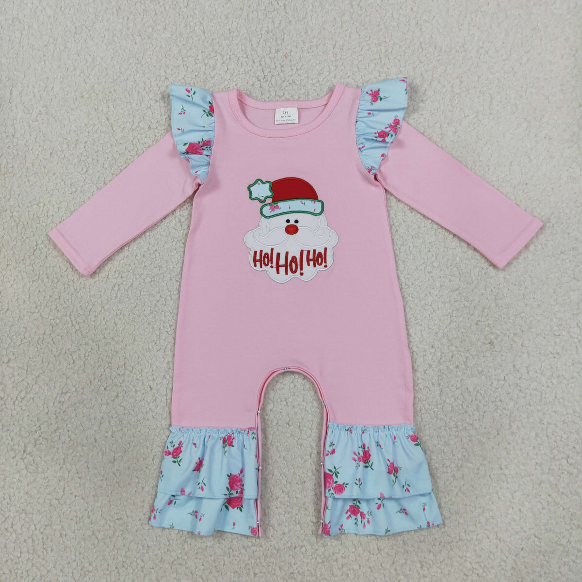 NEW RTS NO MOQ milk silk LR3215 Embroidery Flowers Santa Baby Girls Christmas Ruffle Pant Rompers Christmas Wear Romper