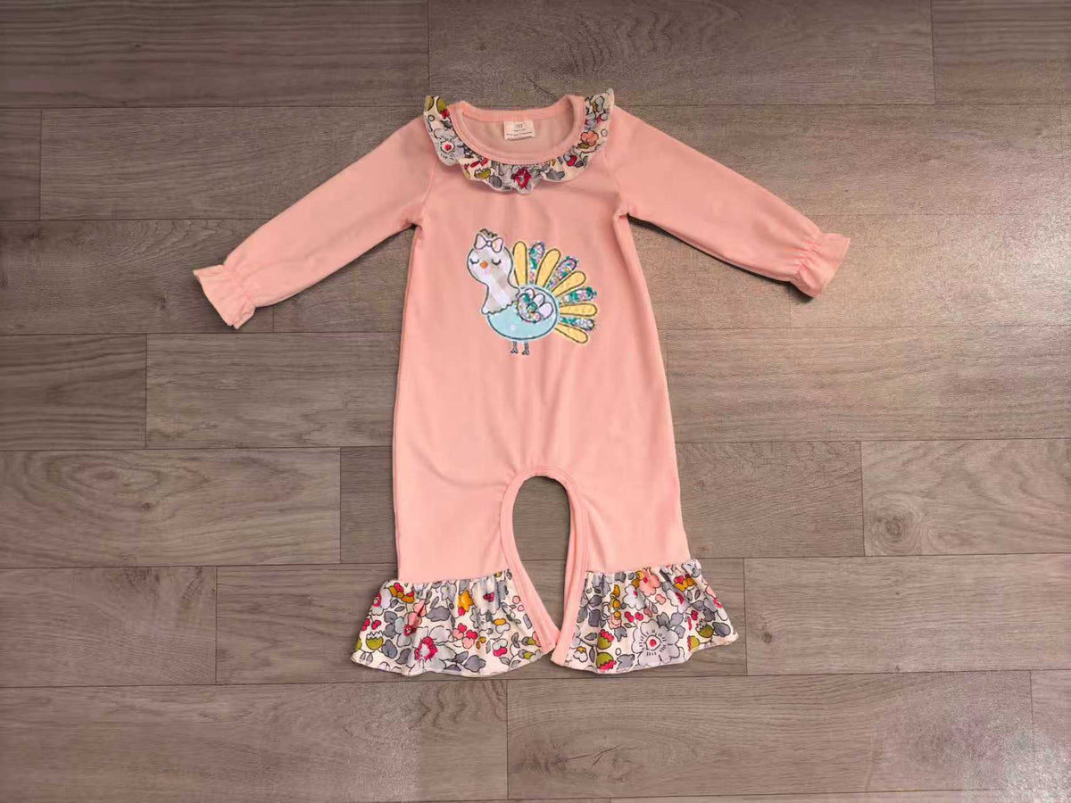 (Sample) No moq milk silk LR3216 Embroidery Flowers Turkey Baby Girls Thanksgivings Ruffle Pant Rompers Thanksgiving Daily Wear Romper