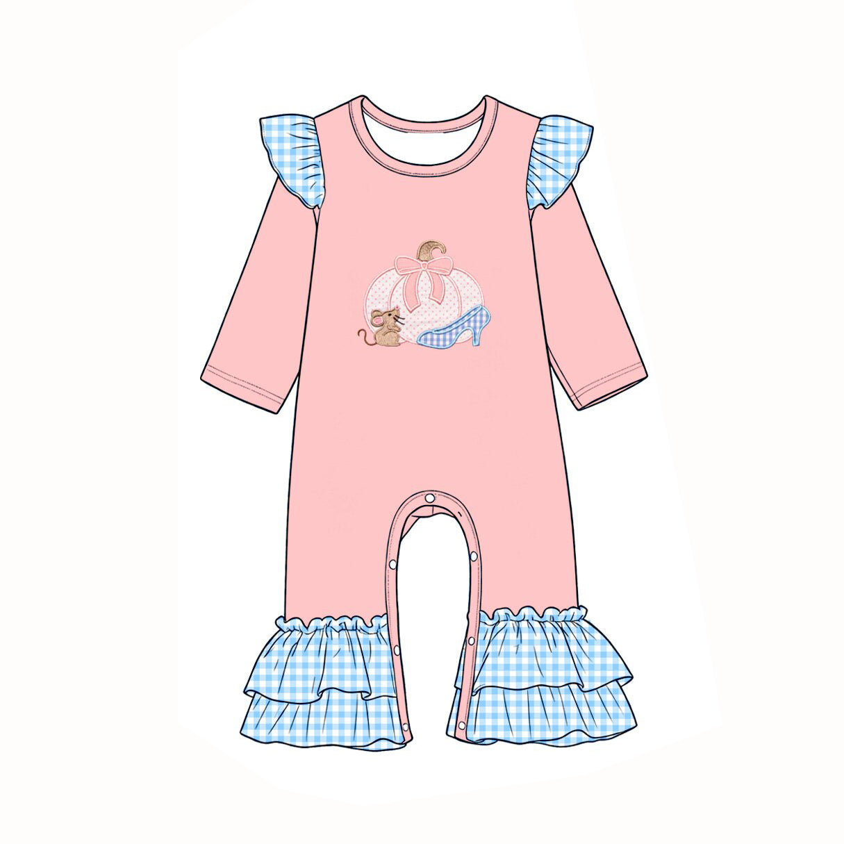 (Preorder new) No moq Baby Girls Light Blue Gingham Ruffle Flare Pants Ruffle Set Shoulder Long Sleeve Baby Romper