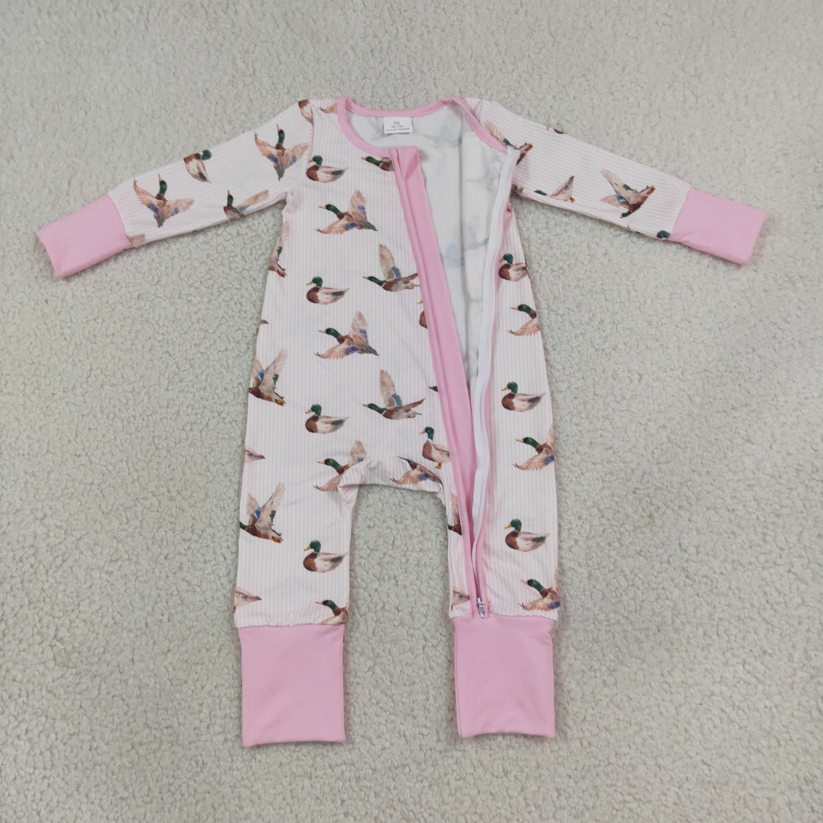 NEW RTS NO MOQ milk silk LR3218 Baby Girls Pink Stripe Ducks Two Way Zip Convertible Rompers