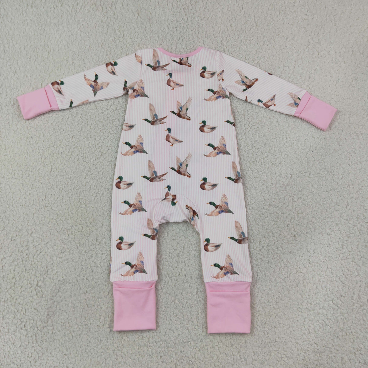 NEW RTS NO MOQ milk silk LR3218 Baby Girls Pink Stripe Ducks Two Way Zip Convertible Rompers