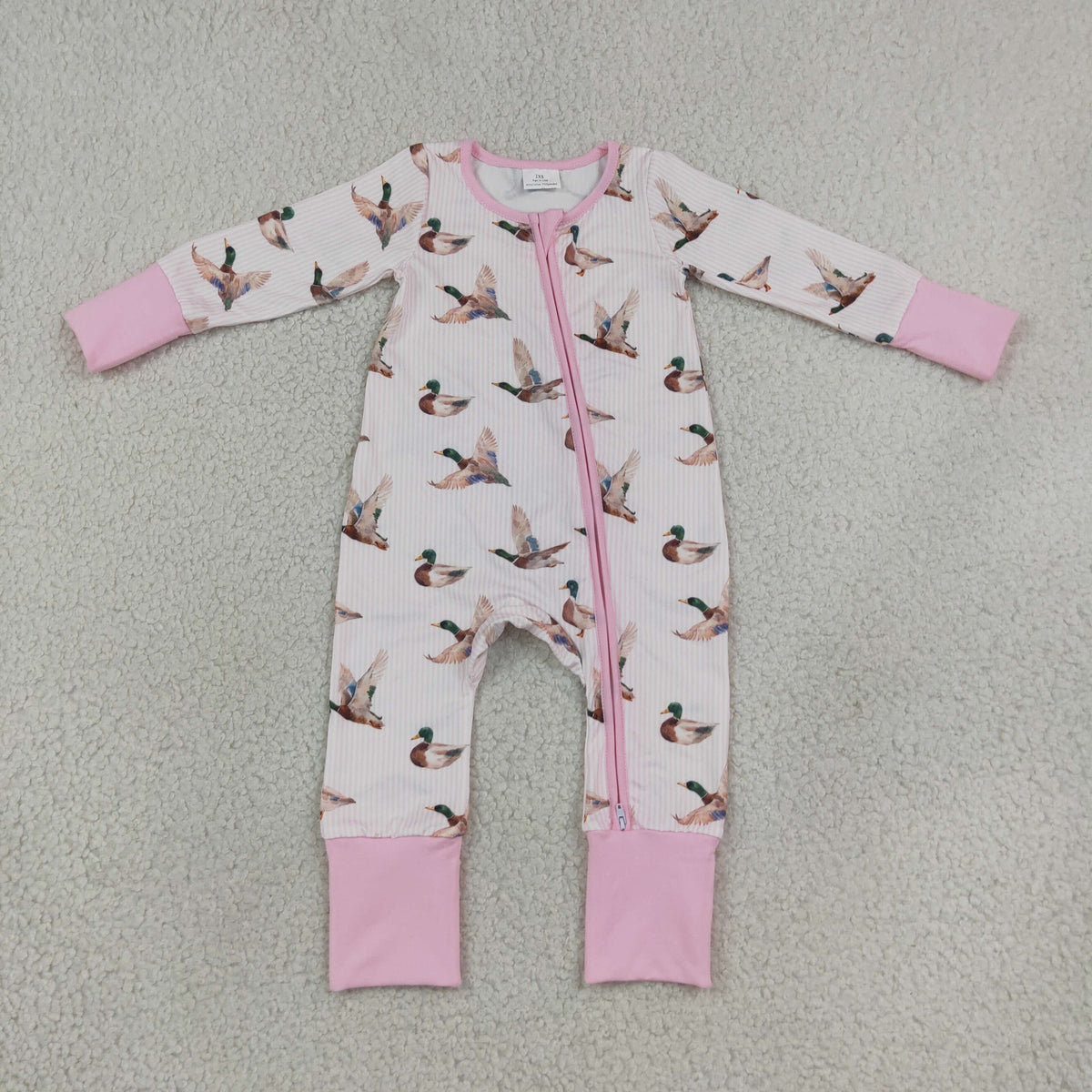 NEW RTS NO MOQ milk silk LR3218 Baby Girls Pink Stripe Ducks Two Way Zip Convertible Rompers