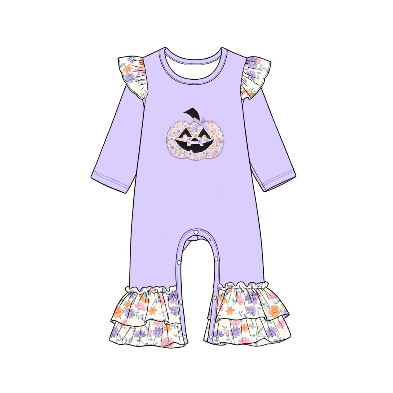 (Preorder new) No moq Baby Halloween Floral Pumpkin Applique Kids Outfit Romper Flare Pants Sweatshirt Set