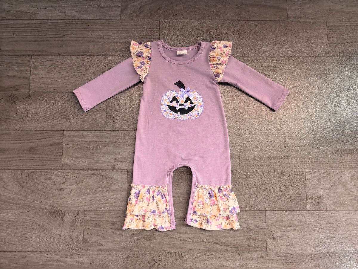(Sample) No moq milk silk LR3221 Embroidery Flowers Ghost Pumpkins Baby Girls Halloween Long Sleeve Ruffle Pant Rompers