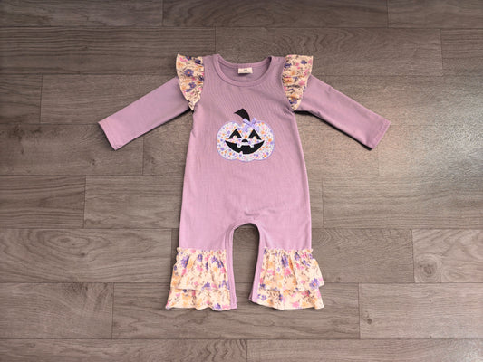 (Sample) No moq milk silk LR3221 Embroidery Flowers Ghost Pumpkins Baby Girls Halloween Long Sleeve Ruffle Pant Rompers