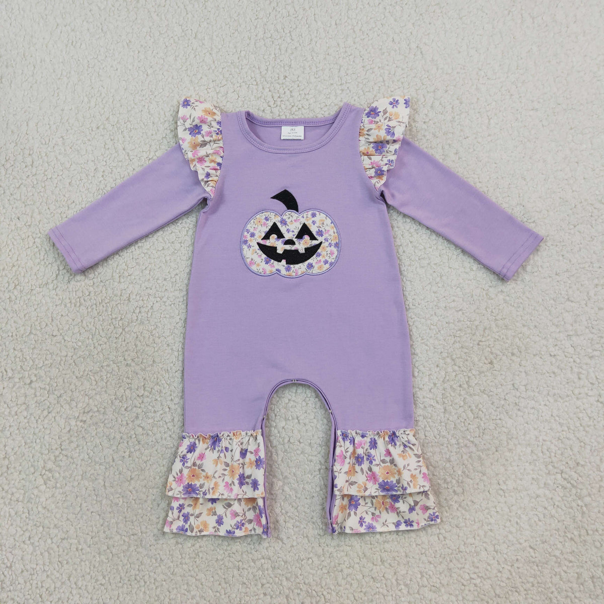RTS NO MOQ Sibling milk silk Embroidery Baby Girls Purple Floral Pumpkin Long Sleeve Top And Floral Flare Pant Set Baby Ruffle Romper