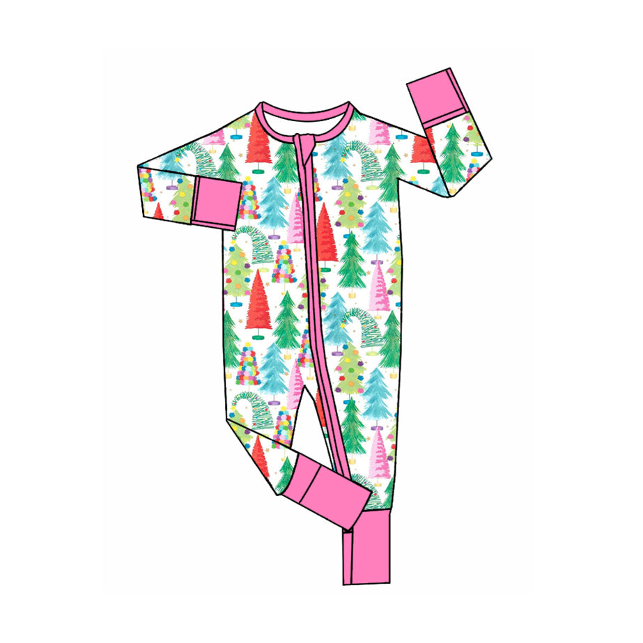 (Preorder new) No moq Baby girl Christmas Tree Print Kids Pajama Set Cute Nightgown Zipper romper