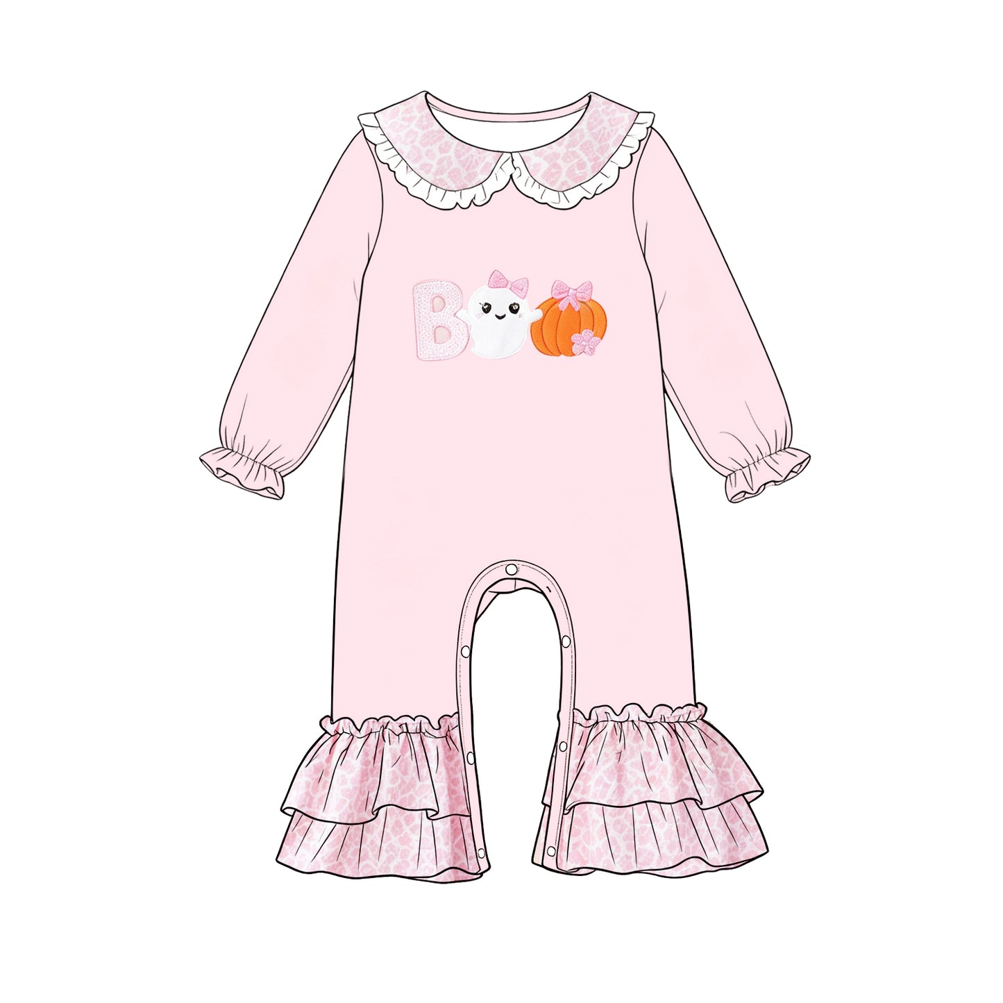 (Preorder new) No moq LR3223 Baby Girl Halloween Boo Ghost Pumpkin Embroidery Ruffle Flare Long Sleeve Romper