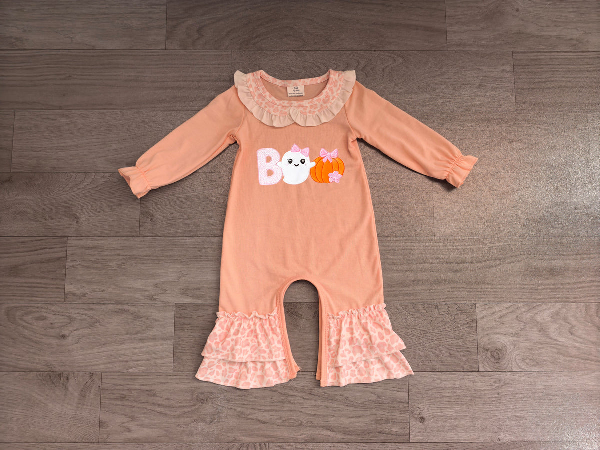 (Sample) No moq milk silk LR3223 Embroidery Baby Girl Halloween Boo Ghost Pumpkin Embroidery Ruffle Flare Long Sleeve Romper