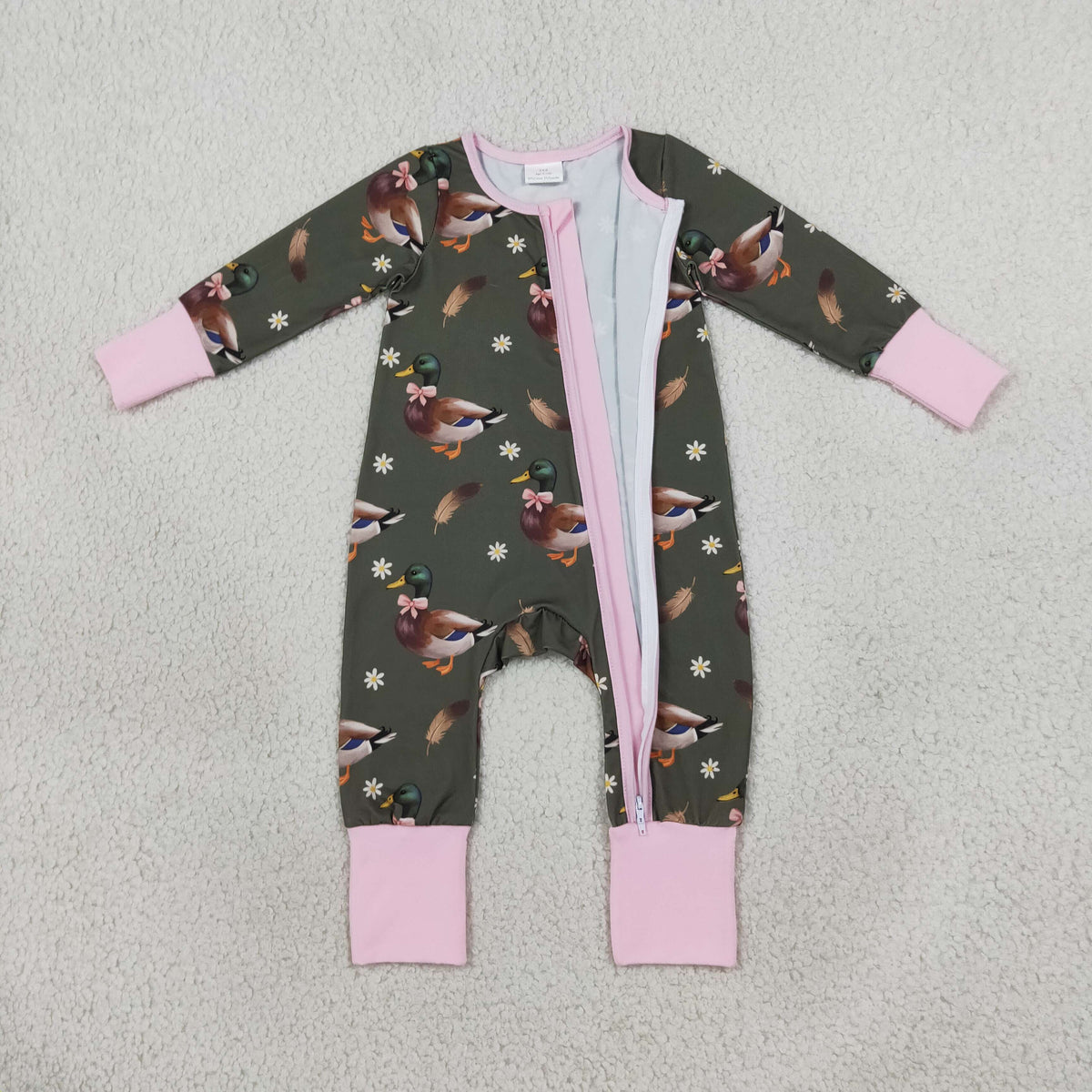NEW RTS NO MOQ milk silk LR3225 Baby Girls Cute Flowers Ducks Two Way Zip Convertible Rompers