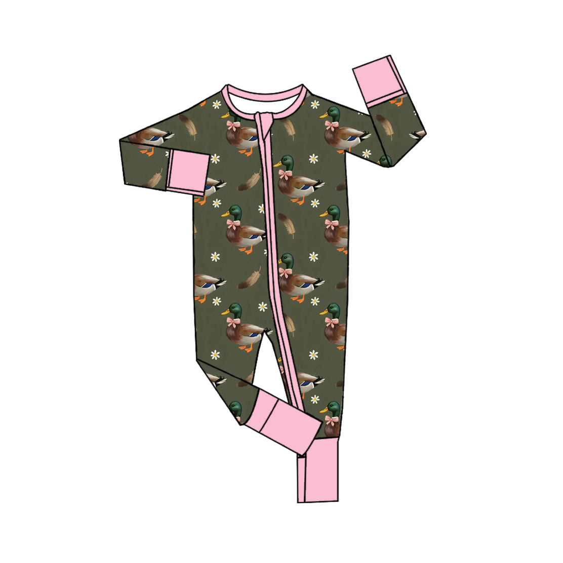 (Preorder new) No moq LR3225 Baby Girls Cute Flowers Ducks Two Way Zip Convertible Hunting Rompers