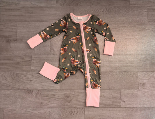 (Sample) No moq milk silk LR3225 Baby Girls Cute Flowers Ducks Two Way Zip Convertible Hunting Rompers