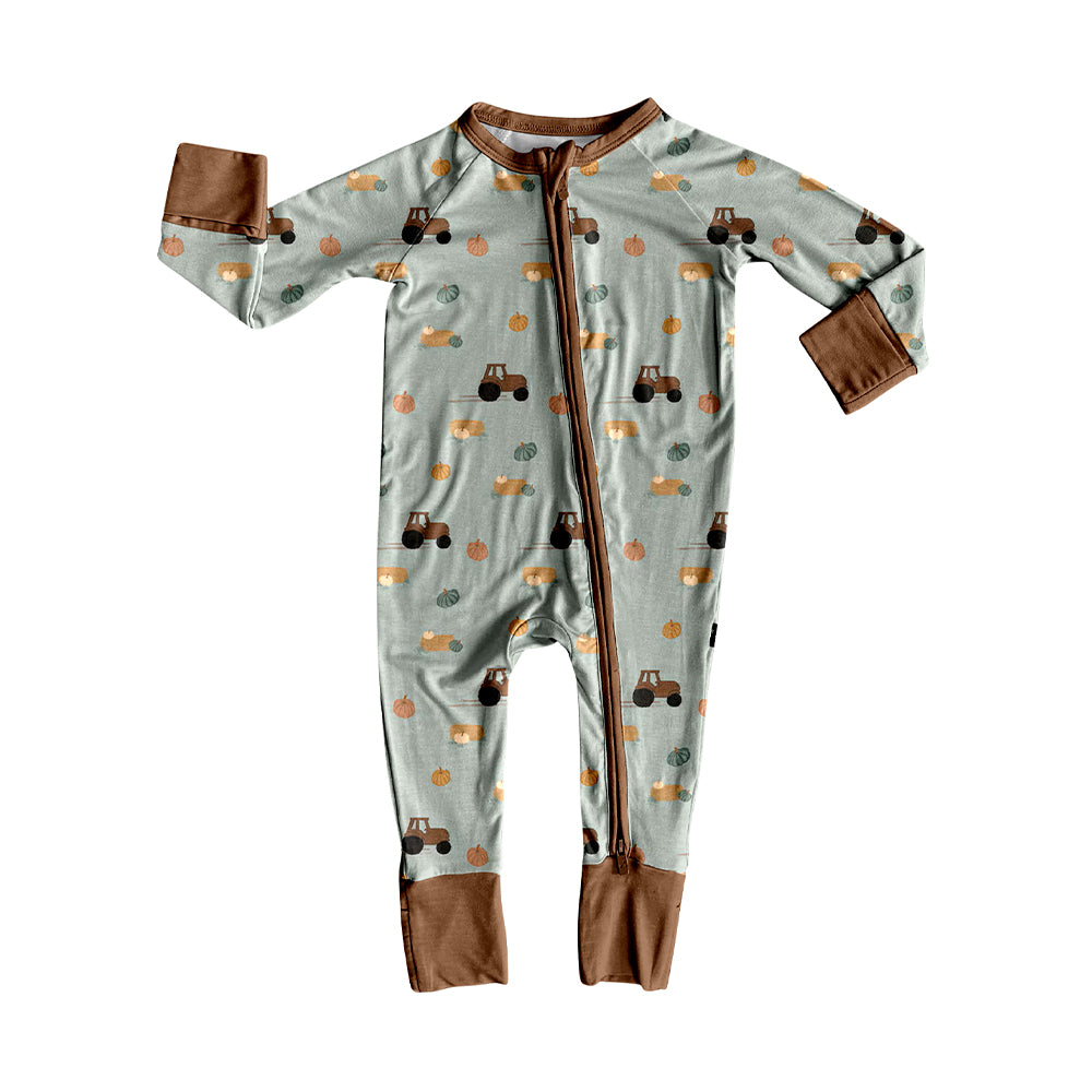 (Preorder new) No moq Baby Boys Fall Pumpkin Truck Print Long Sleeve Top Pants Pajama Set Romper
