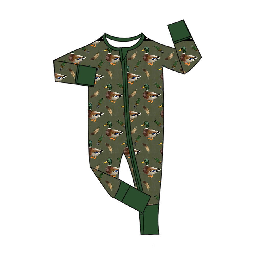 (Preorder new) No moq Boys Hunting Green Duck Print Long Sleeve Matching Pajamas Set Romper Blankets