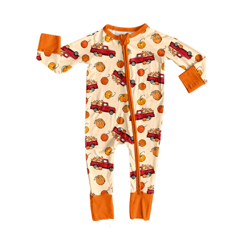 (Preorder new) No moq Boys Pumpkins Trucks Fall Print Long Sleeve Matching Pajamas Set Romper Blankets