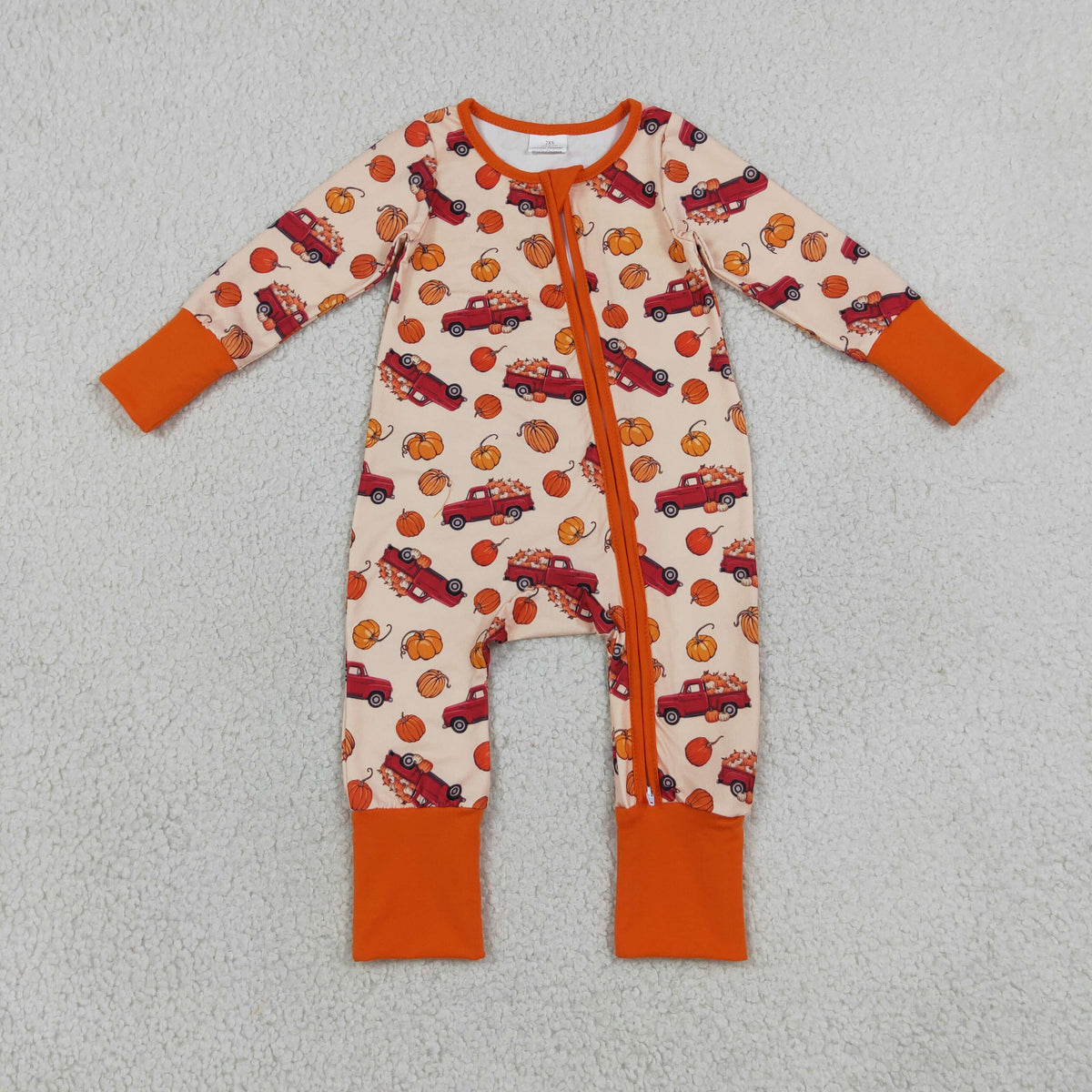 RTS NO MOQ Sibling milk silk Baby Boys Pumpkin Red Truck Print Zipper Romper Pajama Set And Minky Dot Baby Blanket