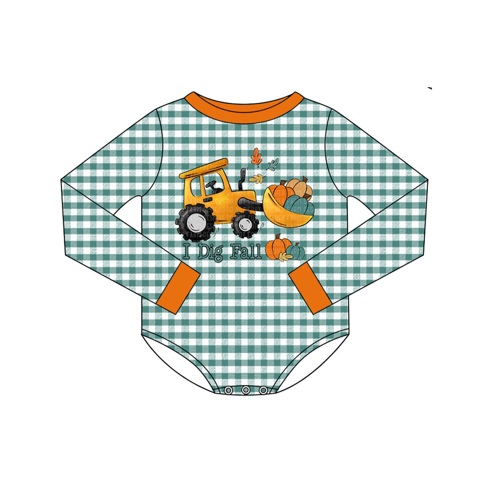 (Preorder new) No moq Baby Boys Fall Pumpkin Truck Plaid Print Top Pant Set Rompers