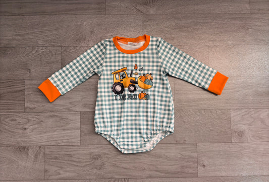 (Sample) No moq milk silk LR3237 Baby Boys Pumpkins Truck Checked Fall Long Sleeve Cute Romper