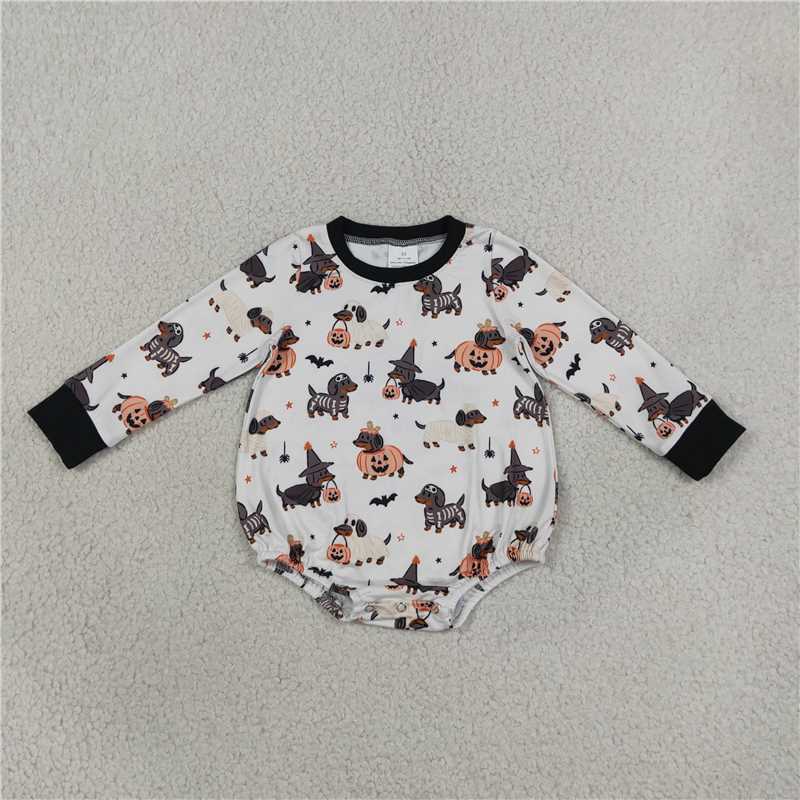 RTS NO MOQ Sibling milk silk Baby Boys Dog Pumpkin Print Long Sleeve Romper And Pajama Set Kids Fall Outfit