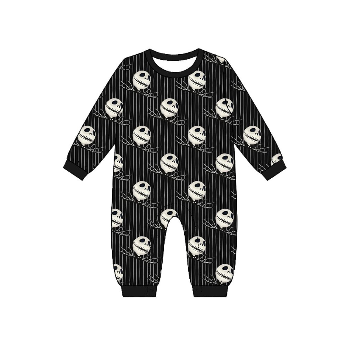 (Preorder new) No moq Baby Boys Halloween Ghost Print Black Button Front Long Sleeve Top Matching Striped Pants Casual Clothes Set Long Sleeve Romper