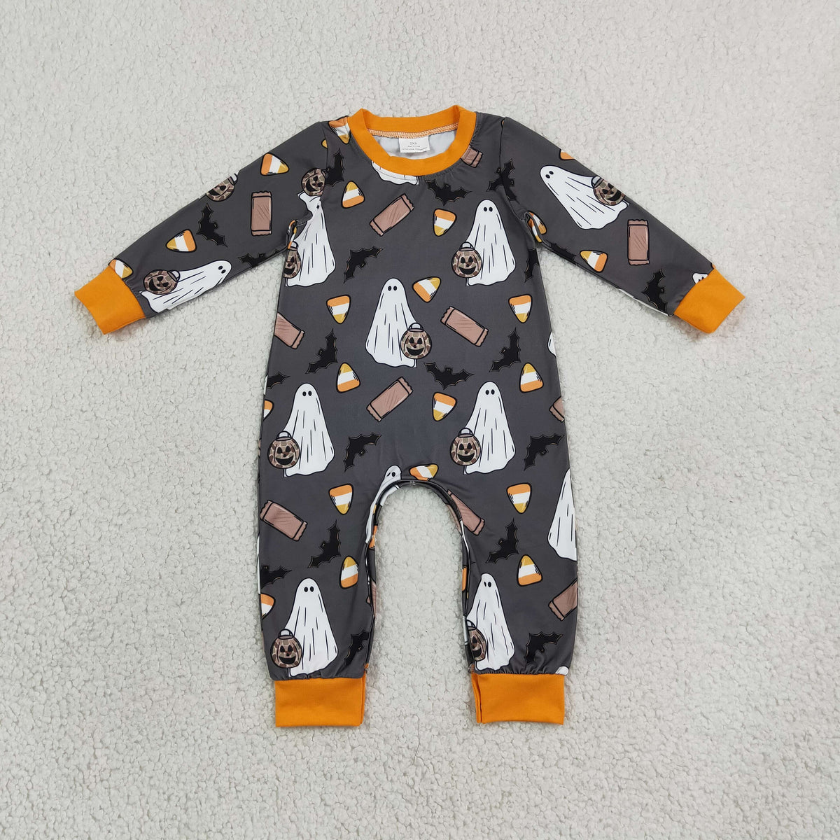 RTS NO MOQ Sibling milk silk Baby Boys Halloween Ghost Candy Bat Print Outfit Set Long Sleeve Top Pants Pajamas Hoodie Baby Zipper Romper Orange Trim Holiday Clothes