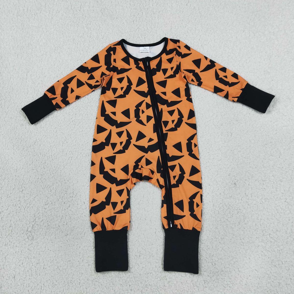 RTS NO MOQ Sibling milk silk Baby Boys Pumpkin Print Halloween Pajama Set Long Sleeve Top Pant And Zipper Romper