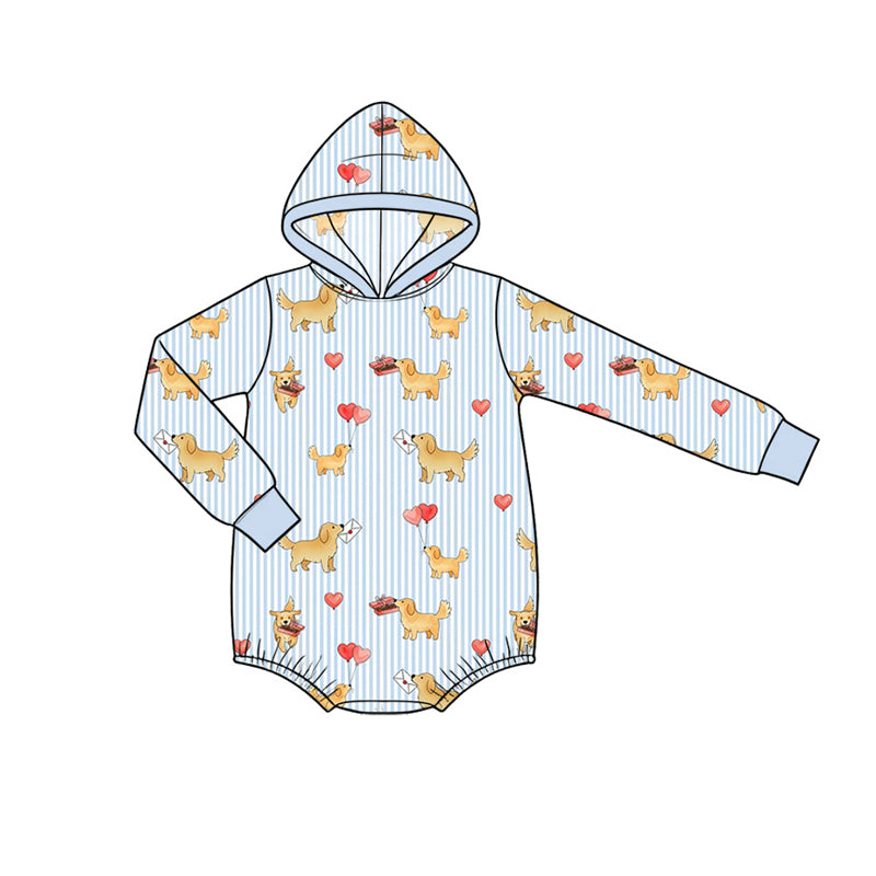 (Preorder new) No moq Baby Boys Blue Stripe Dogs Hearts Valentines Print Zip Pullover Pocket Top Matching Jogger Set Rompers