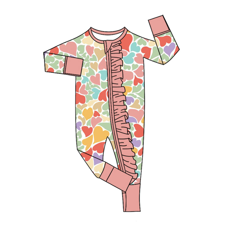 (Preorder new) No moq Baby Girls Colorful Hearts Print Long Sleeve Top And Pants Valentines Set Rompers Dress Blankets