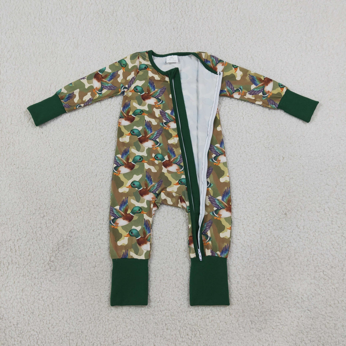 NEW RTS NO MOQ milk silk LR3249 Baby Camo Duck Print Long Sleeve Zipper Casual Romper