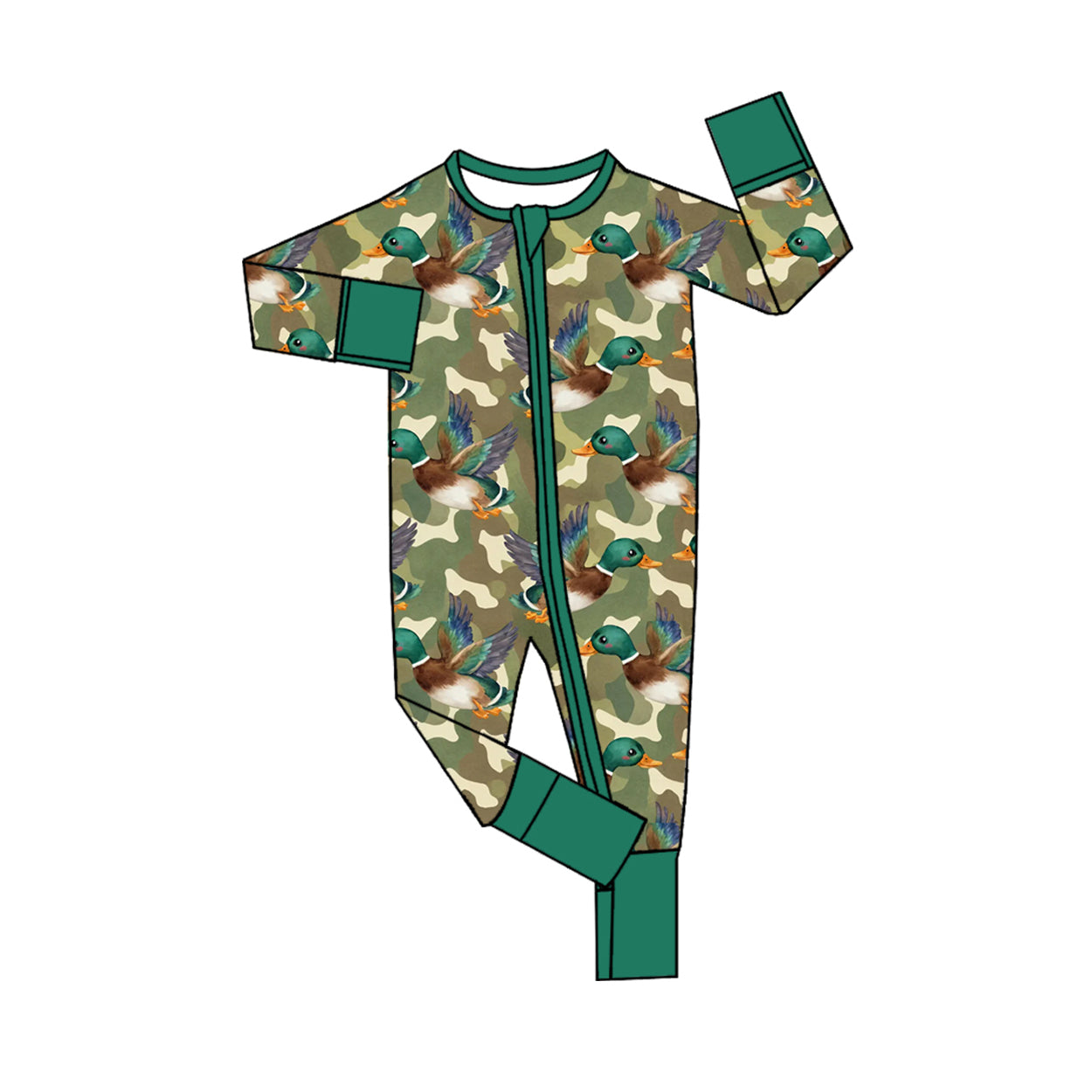 (Preorder new) No moq LR3249 Baby Camo Duck Print Long Sleeve Zipper Romper