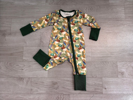 (Sample) No moq milk silk LR3249 Baby Camo Duck Print Long Sleeve Zipper Romper