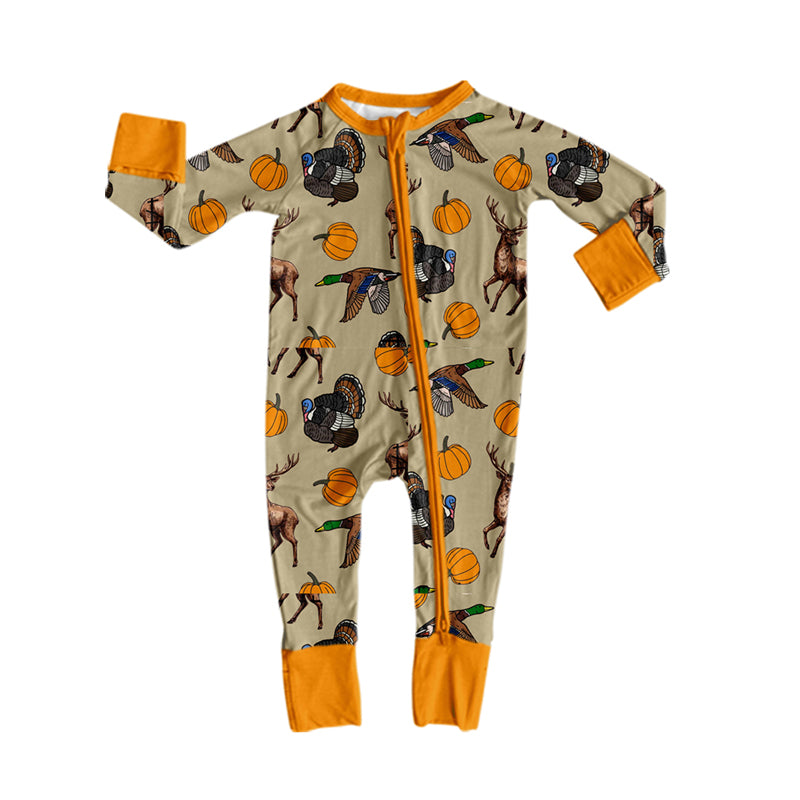(Preorder new) No moq Boys Turkey Deer Duck Pumpkin Thanksgiving Hunting Print Long Sleeve Matching Pajamas Set Romper Blankets