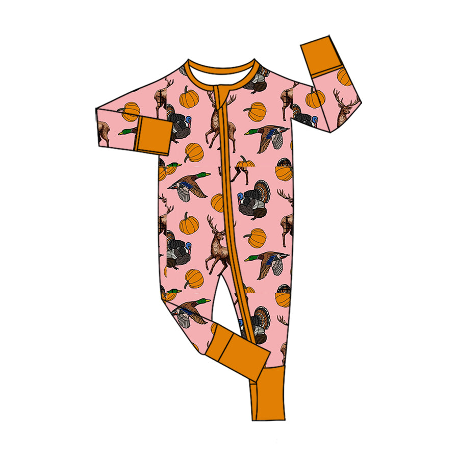 (Preorder new) No moq Girls Pumpkins Pink Thanksgiving Hunting Animal Print Long Sleeve Matching Pajamas Set Romper Blankets