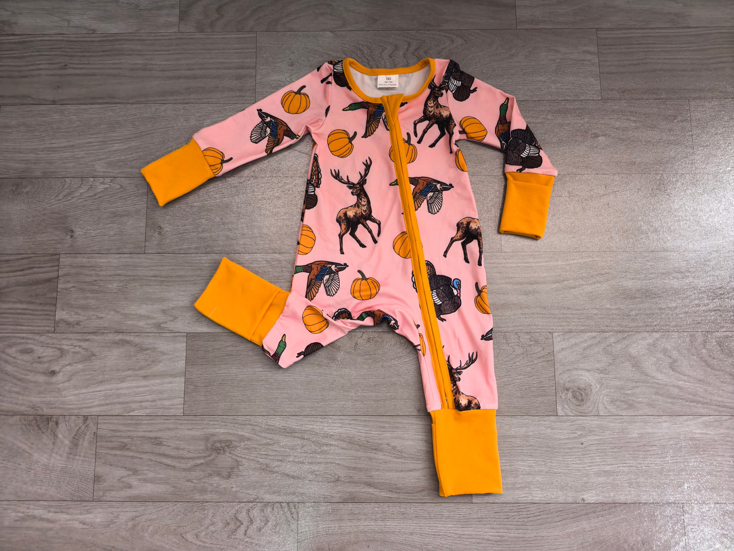 (Sample) No moq milk silk LR3252 Baby Girls Pumpkins Turkey Ducks Deer Long Sleeve Thanksgivings Two Way Zip Convertible Rompers