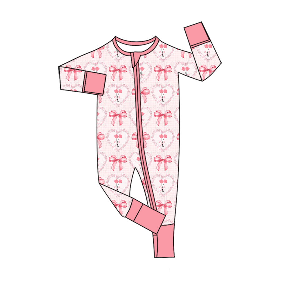 (Preorder new) No moq LR3256 Baby Girls Pink Bows Long Sleeve Two Way Zip Convertible Rompers