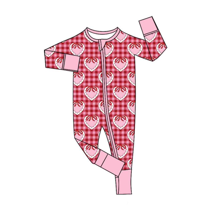 (Preorder new) No moq LR3257 Baby Girls Valentine Heart Bow Print Long Sleeve Two Way Zip Convertible Rompers