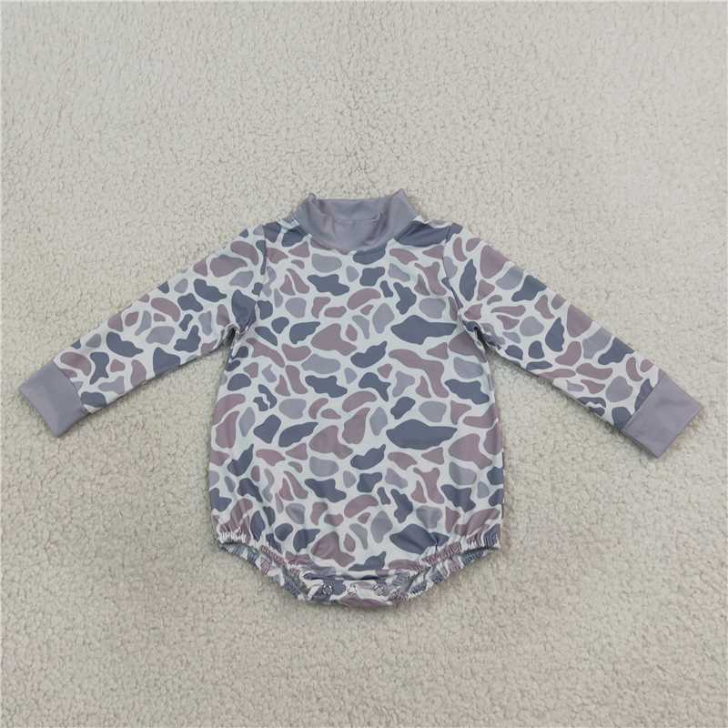 RTS NO MOQ Sibling yoga fabric Adult To Match Kids Yoga High Neck Light Grey Camo Print Mock Neck Top Long Sleeve Romper
