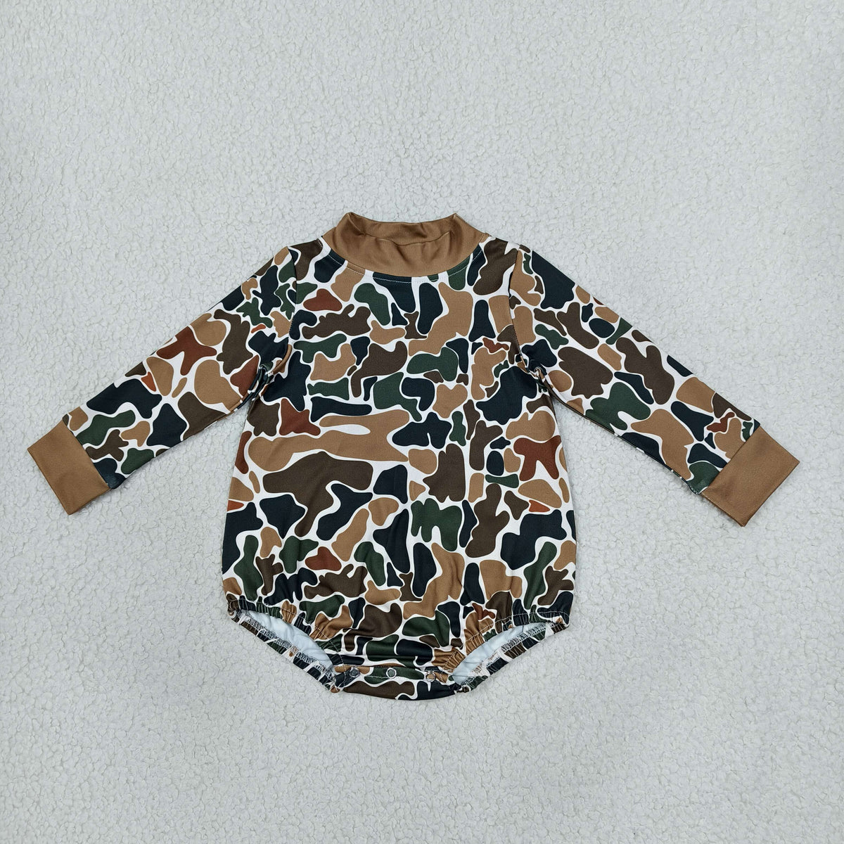 NEW RTS NO MOQ milk silk LR3261 Baby Boys High Neck Long Sleeve Dark Brown Camo Casual Rompers