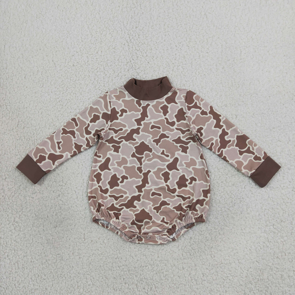 RTS NO MOQ Sibling milk silk Adult To Match Kids High Neck Brown Camo Print Long Sleeve Top And Baby Bubble Romper
