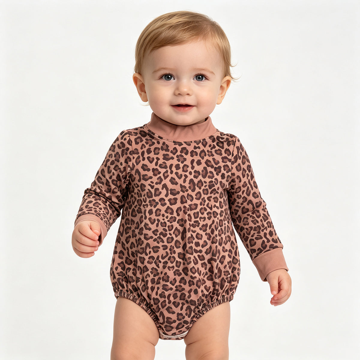 (Sample) No moq milk silk LR3264 Baby Boys High Neck Long Sleeve Brown Leopard Rompers