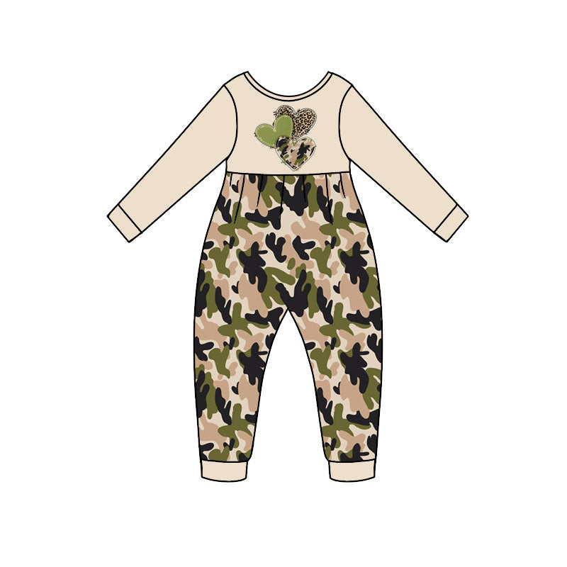 (Preorder new) No moq Baby Girls Heart Leopard Camo Ruffle Sleeve Sweatshirt Camouflage Print Ruffle Bell Bottom Pants Fall Outfit Romper