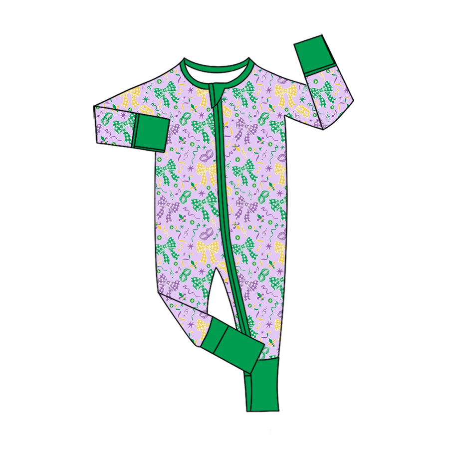 (Preorder new) No moq Baby Girls Mardi Gras Bow Print Long Sleeve Top Ruffle Hem Drawstring Pant Holiday Outfit Romper