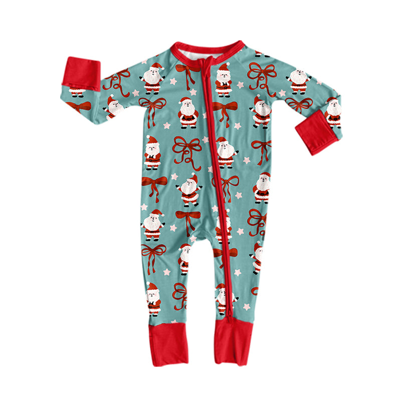 (Preorder new) No moq Baby Girls Santa Bow Star Print Long Sleeve Christmas Pajama Set Romper Blankets