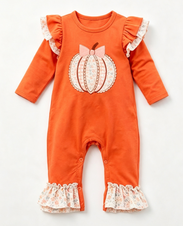 (Preorder new) No moq Baby Girls Fall Pumpkin Bow Floral Print Ruffle Sleeve Sweatshirt Bell Bottom PantsHalloween Clothes Set Romper