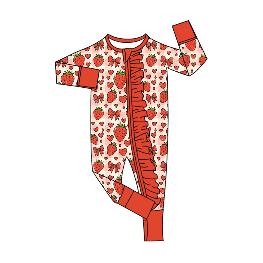 (Preorder new) No moq Baby Girls Hearts Strawberry Bows Zip Pullover Skirt Short Valentines Set Dress Blanket