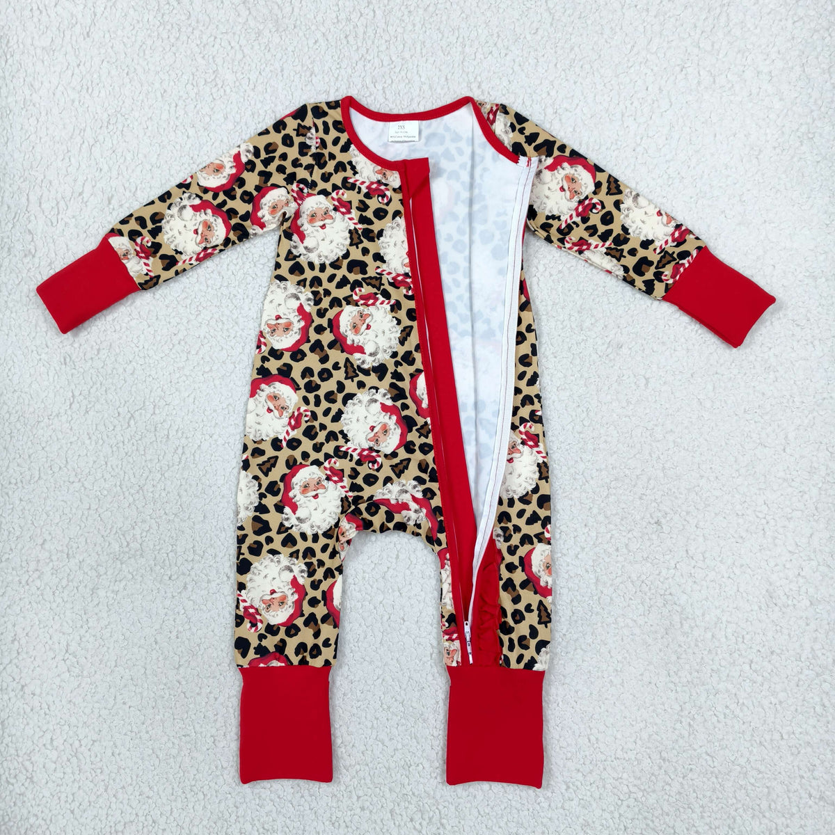 NEW RTS NO MOQ milk silk LR3302 Baby Girls Leopard Santa Print Christmas Long Sleeve Two Way Zip Ruffle Convertible Rompers