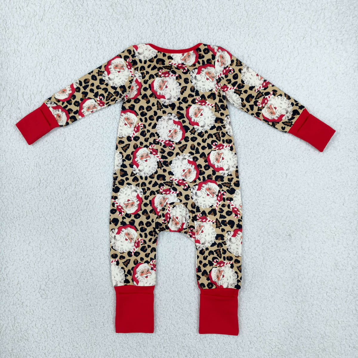 NEW RTS NO MOQ milk silk LR3302 Baby Girls Leopard Santa Print Christmas Long Sleeve Two Way Zip Ruffle Convertible Rompers