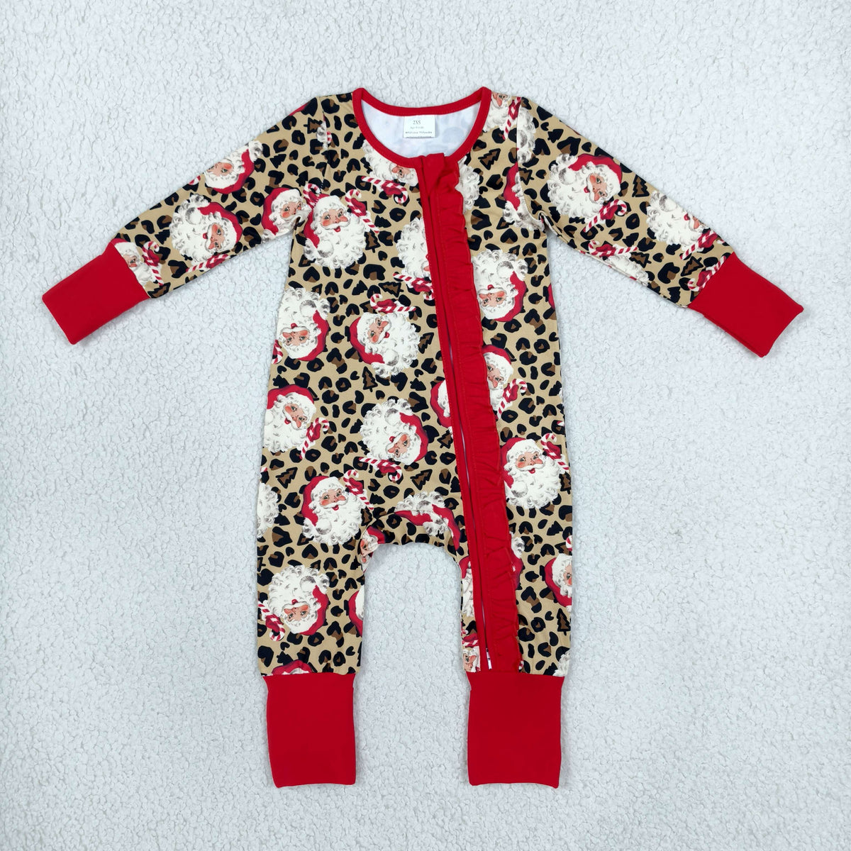 NEW RTS NO MOQ milk silk LR3302 Baby Girls Leopard Santa Print Christmas Two Way Zip Ruffle Convertible Rompers