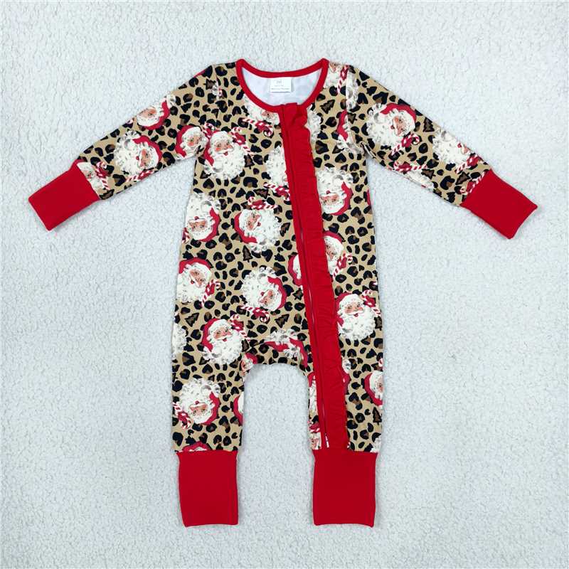 RTS NO MOQ Sibling milk silk Baby Girls Santa Print Two Way Zip Long Sleeve Ruffle Cuff Romper